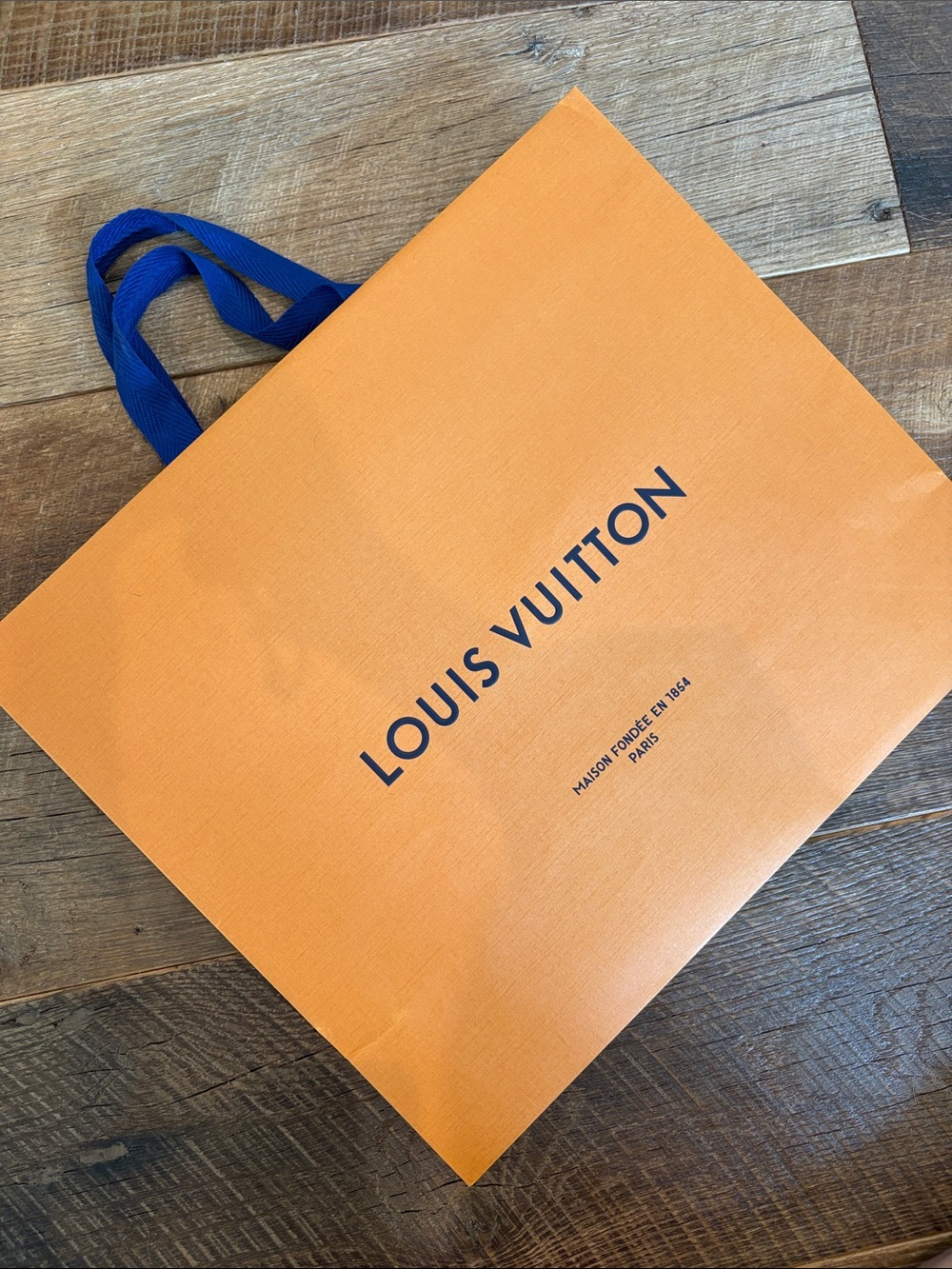 Louis Vuitton Orange Paper Tote with Blue Ribbon Handles